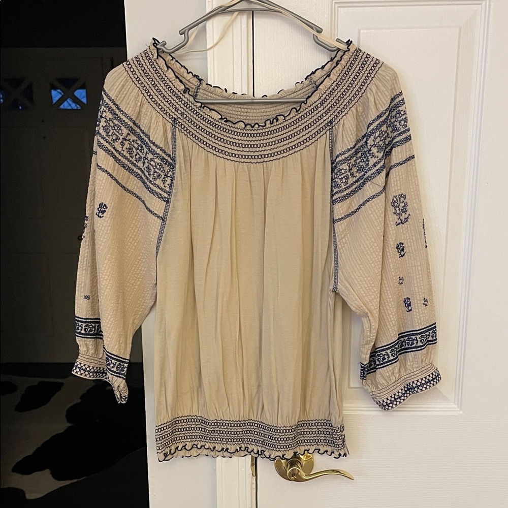 Free People Cream and Blue Blouse